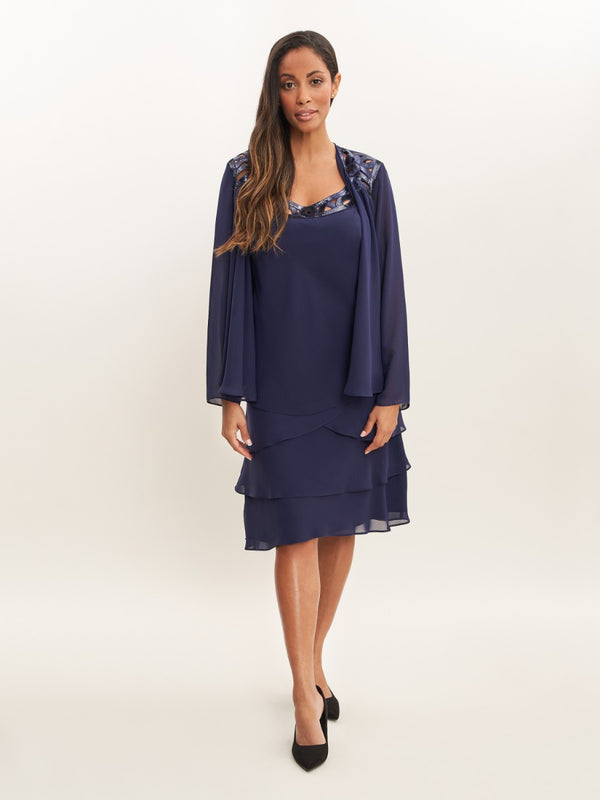 Gina Bacconi Leigh Embellished Tiered Sequin Jacket Dress SAPPHIRE