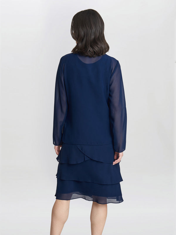 Gina Bacconi Leigh Embellished Tiered Sequin Jacket Dress Spring Navy