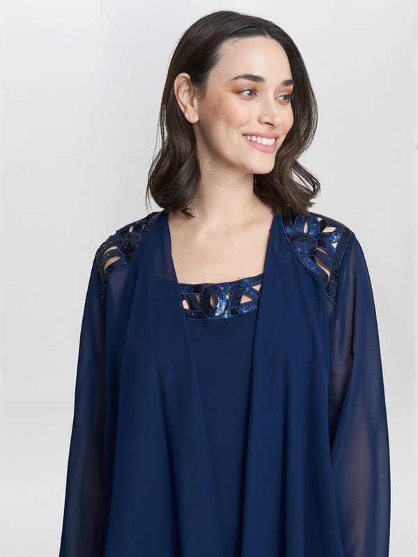 Gina Bacconi Leigh Embellished Tiered Sequin Jacket Dress Spring Navy
