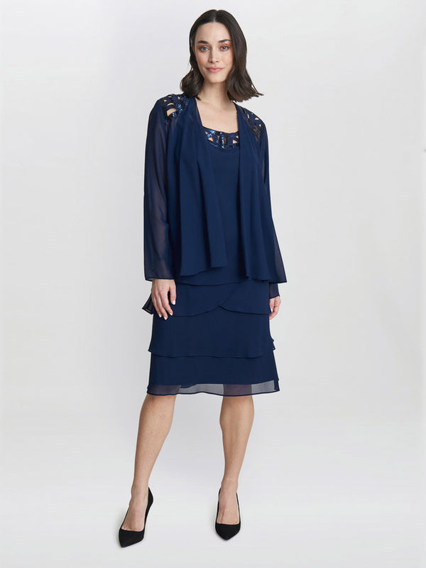 Gina Bacconi Leigh Embellished Tiered Sequin Jacket Dress Spring Navy