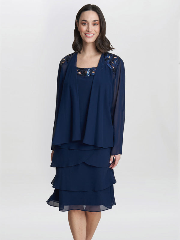 gina bacconi Leigh embellished tiered sequin jacket dress Spring Navy