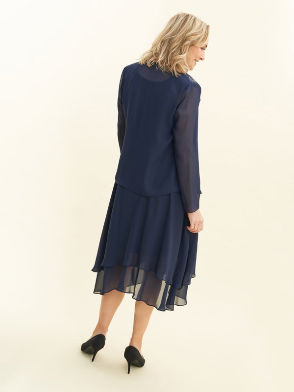 Gina Bacconi Lilibeth Sequin Beaded Shoulder Jacket Dress SPRING NAVY