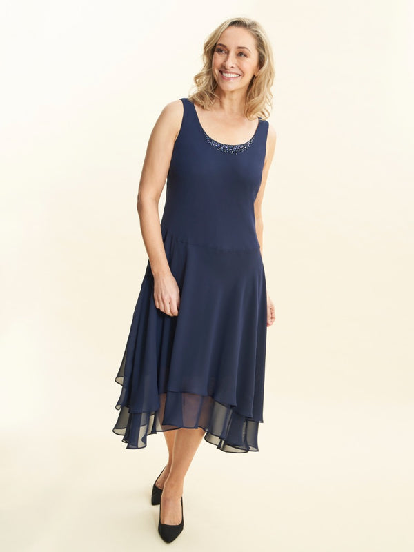 Gina Bacconi Lilibeth Sequin Beaded Shoulder Jacket Dress SPRING NAVY