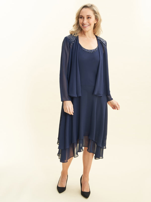 gina bacconi Lilibeth sequin beaded shoulder jacket dress SPRING NAVY