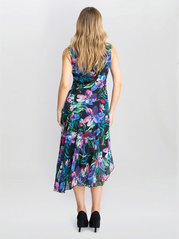 Gina Bacconi Lisbeth Floral Print Chiffon Asymmetric Hem Dress