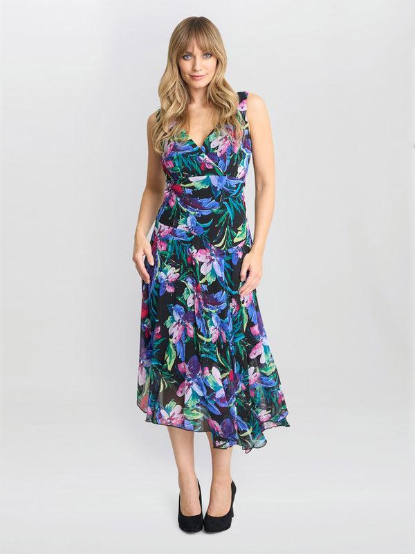 Gina Bacconi Lisbeth Floral Print Chiffon Asymmetric Hem Dress