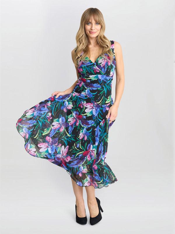 gina bacconi Lisbeth floral print chiffon asymmetric hem dress