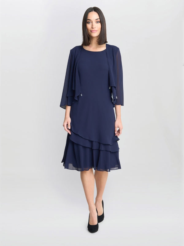 gina bacconi Lola jacket and asymmetric triple tiered dress NAVY