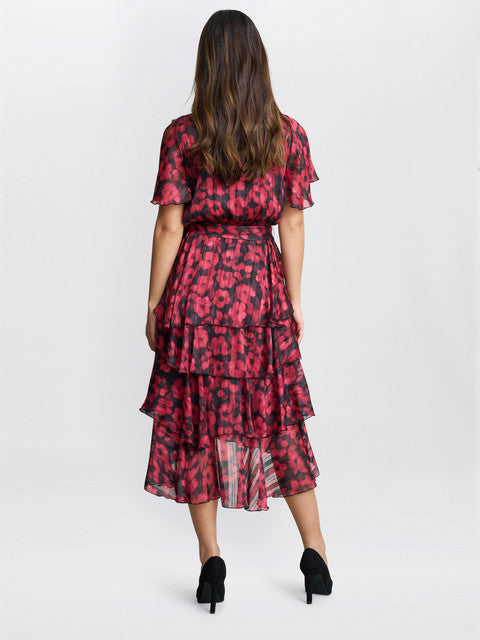 Gina Bacconi Lottie Elastic Waist Tiered Dress Black / Red