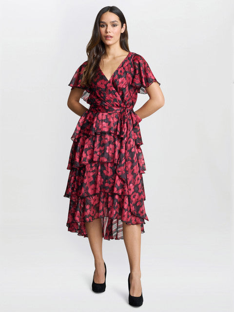 Gina Bacconi Lottie Elastic Waist Tiered Dress Black / Red