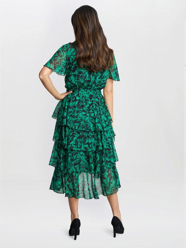 Gina Bacconi Lottie Elastic Waist Tiered Dress Green / Black