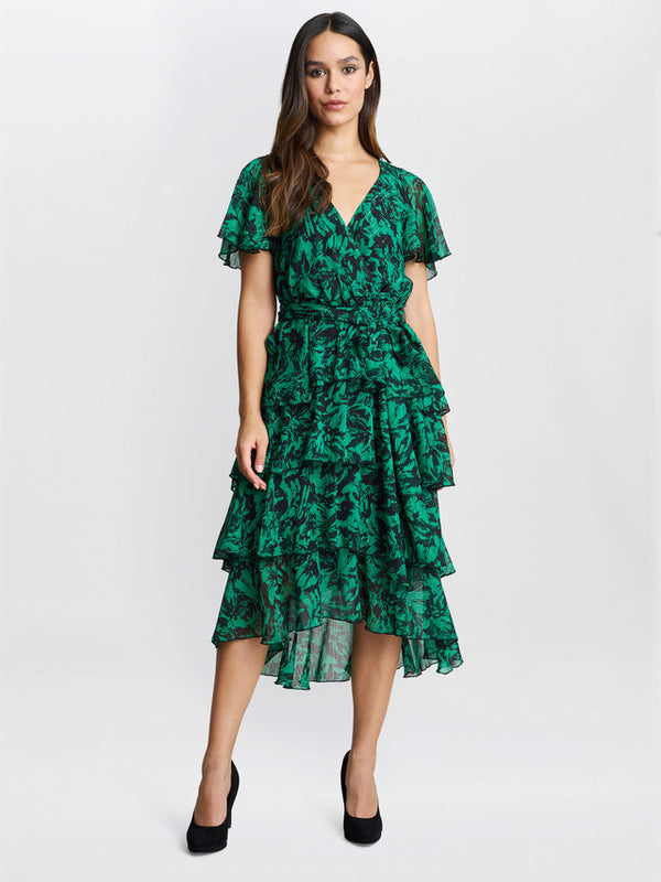 Gina Bacconi Lottie Elastic Waist Tiered Dress Green / Black