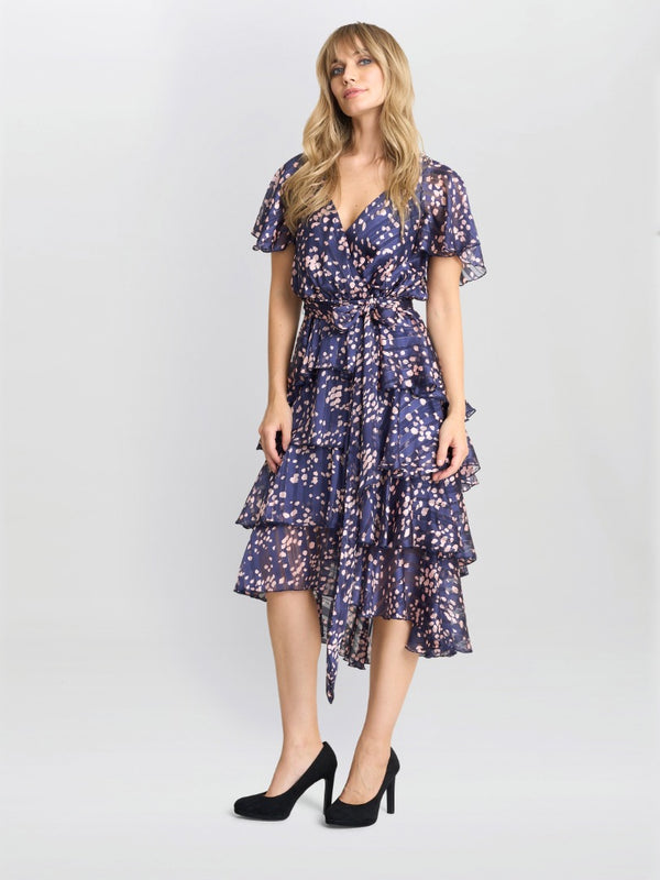 Gina Bacconi Lottie Elastic Waist Tiered Dress Navy Pink