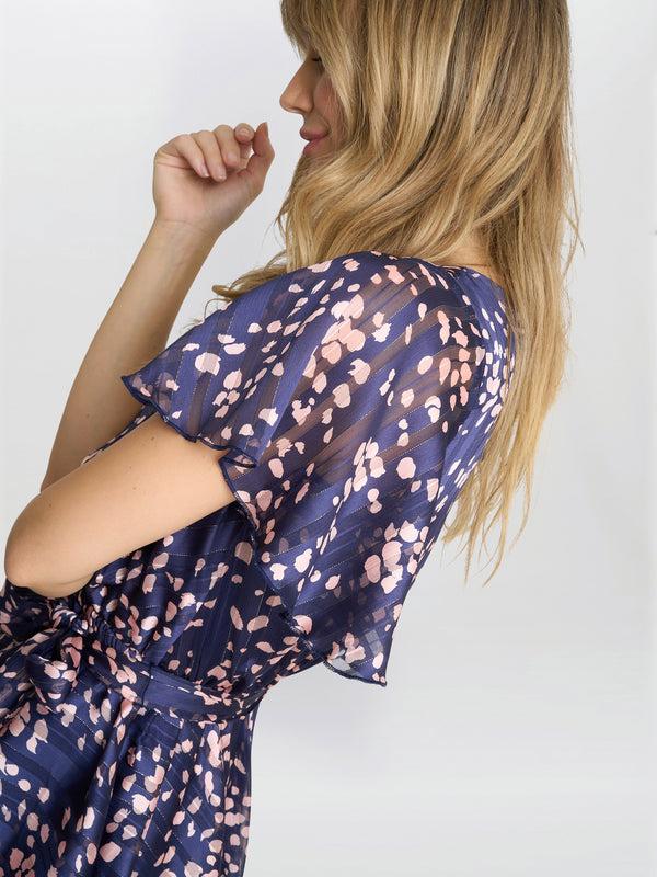 Gina Bacconi Lottie Elastic Waist Tiered Dress Navy Pink