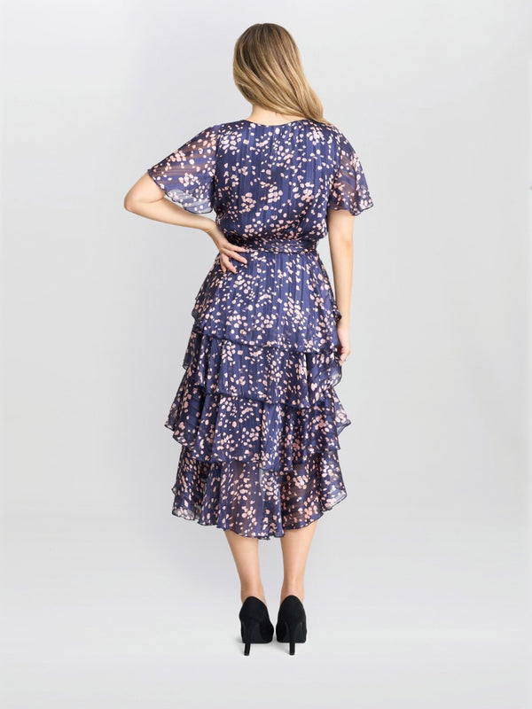 Gina Bacconi Lottie Elastic Waist Tiered Dress Navy Pink