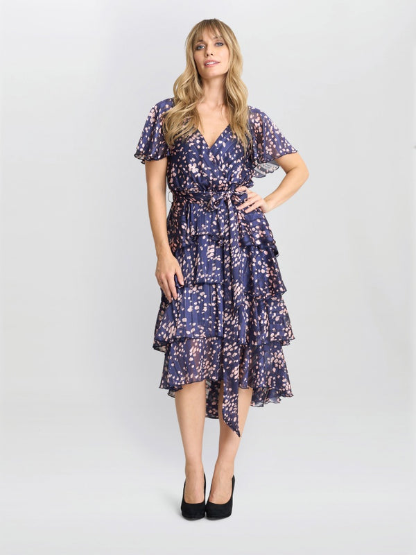 gina bacconi Lottie elastic waist tiered dress Navy Pink