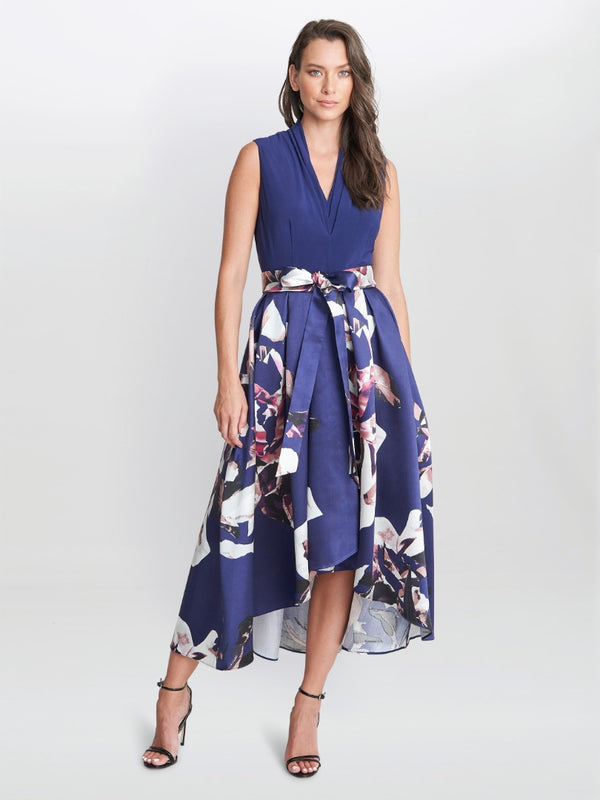 gina bacconi Megan sleeveless floral high low dress