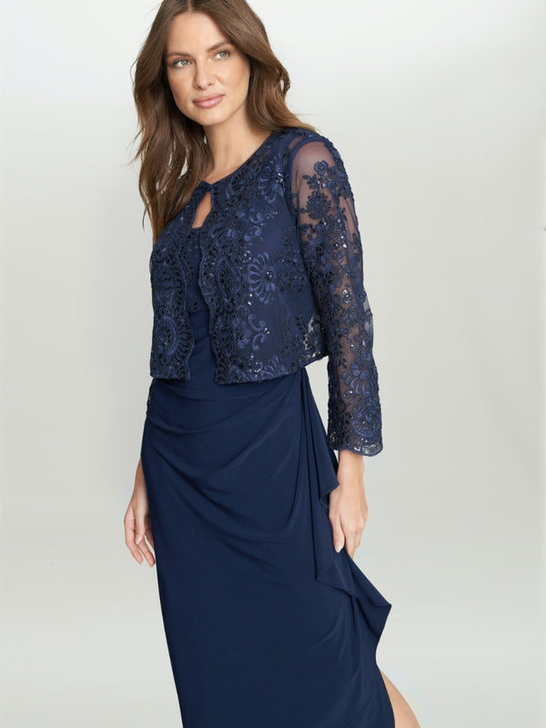Gina Bacconi Meridith Embroidered Lace 2-piece Scoop Neck 3/4 Sleeve Jacket Dress