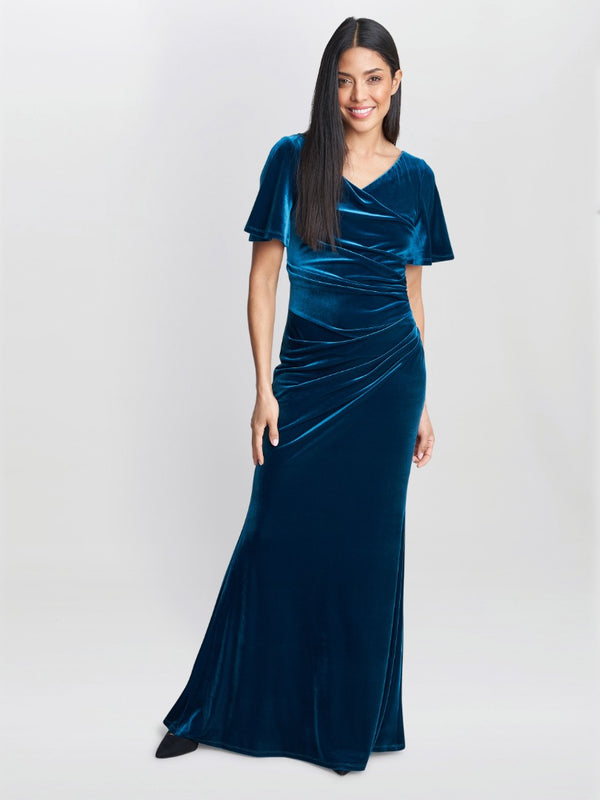 gina bacconi Minka velvet maxi dress with cowl neck TEAL