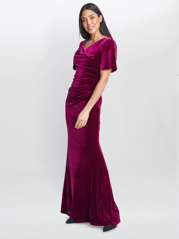 Gina Bacconi Minka Velvet Maxi Dress With Cowl Neck Wine