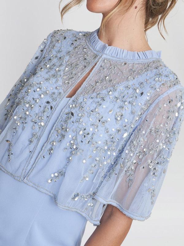 Gina Bacconi Monica Beaded Jacket With Stand Frill Neck And Butterfly Sleeve NORDIC BLUE