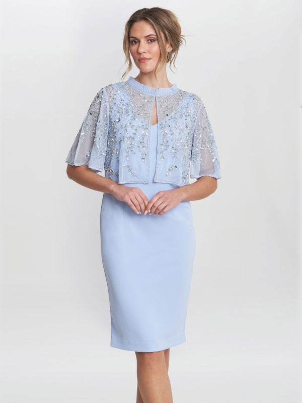 gina bacconi Monica beaded jacket with stand frill neck and butterfly sleeve NORDIC BLUE