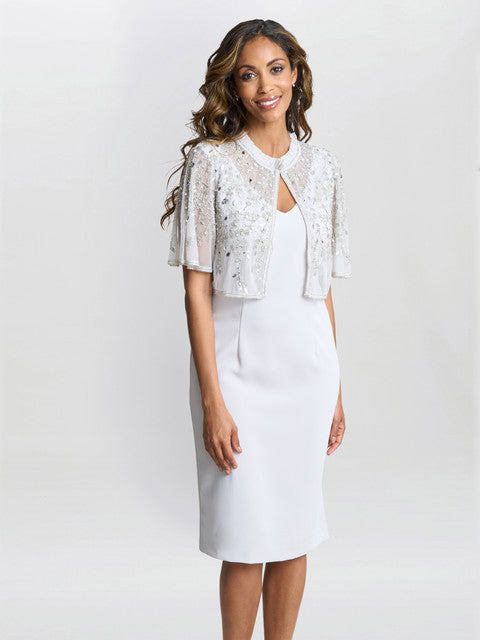 gina bacconi Monica beaded jacket with stand frill neck and butterfly sleeve Silver Mist