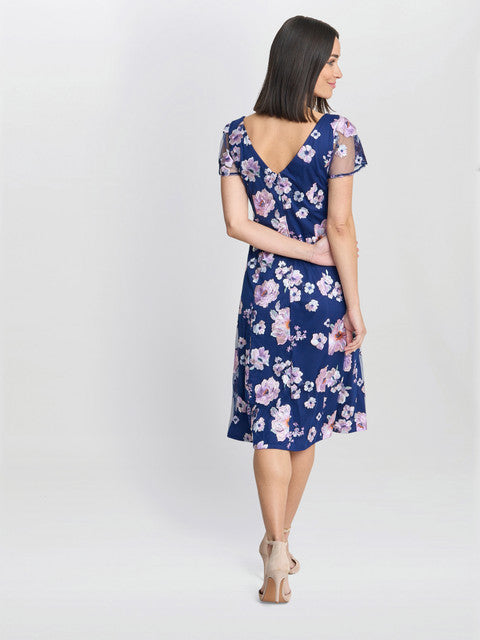Gina Bacconi Mylene Embroidered Floral A-line Midi Dress Navy