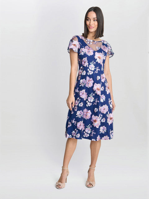Gina Bacconi Mylene Embroidered Floral A-line Midi Dress Navy
