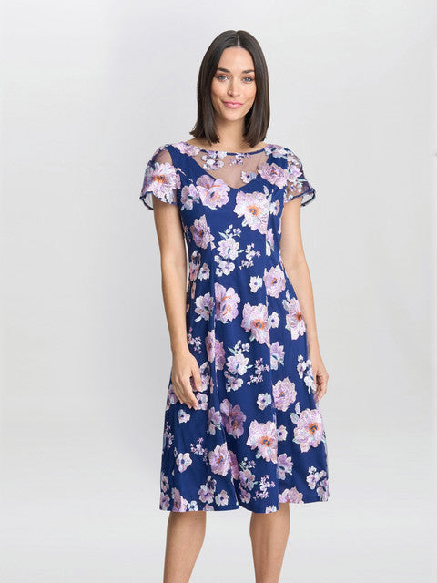 gina bacconi Mylene embroidered floral a-line midi dress Navy