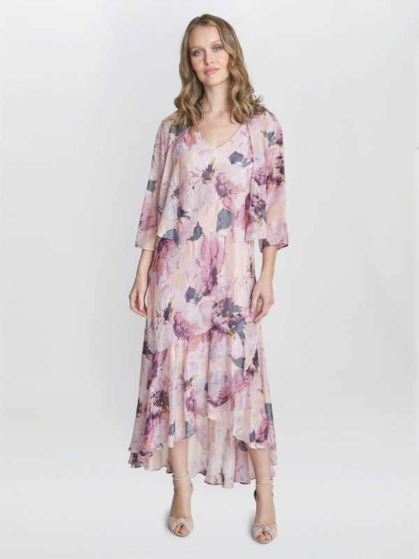 gina bacconi Nadia midi length chiffon printed dress and jacket