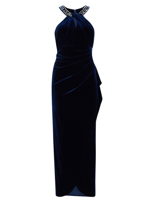 Gina Bacconi Naomi Beaded Velvet Halter Neck Maxi Dress