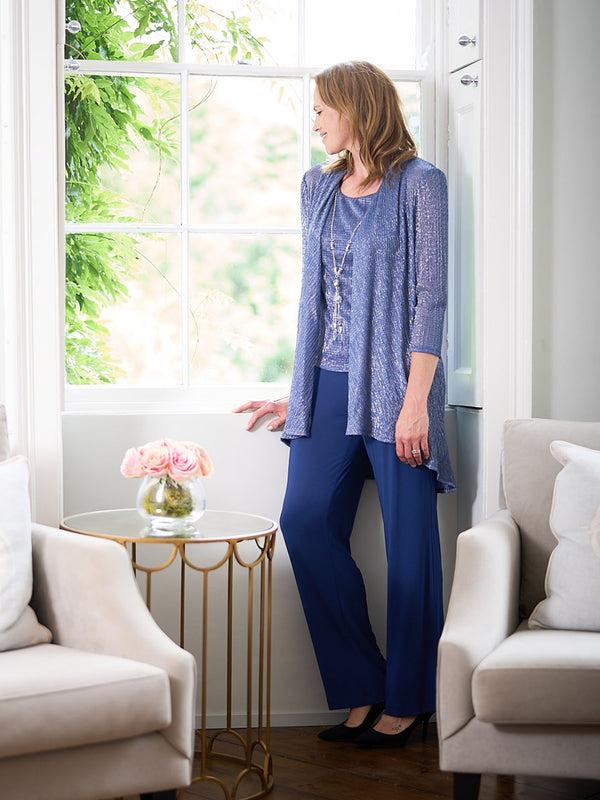 Gina Bacconi Natasha Three Piece Metallic Crinkle Trouser Suit Petrol