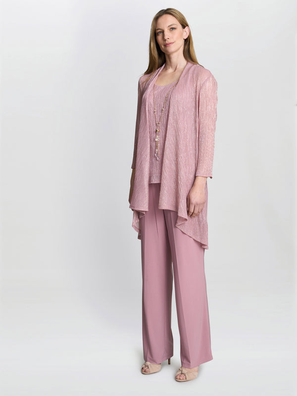 Gina Bacconi Natasha Three Piece Metallic Crinkle Trouser Suit Rose Pink