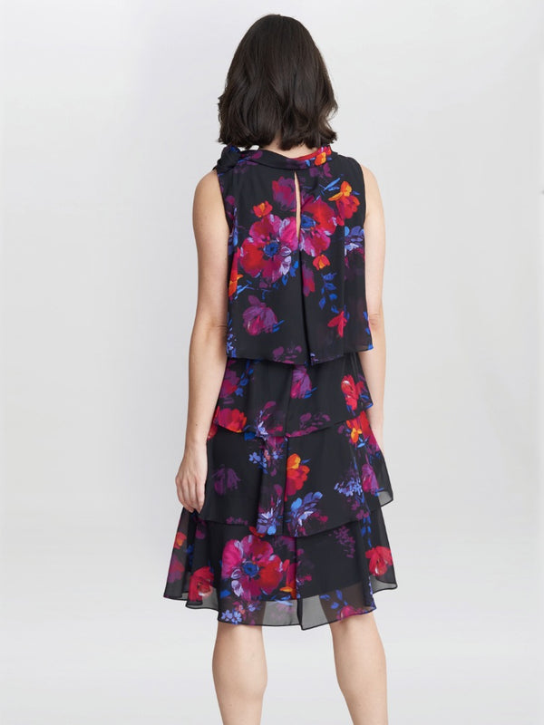 Gina Bacconi Neesha Sleeveless Printed Tiered Dress With Tie Neck
