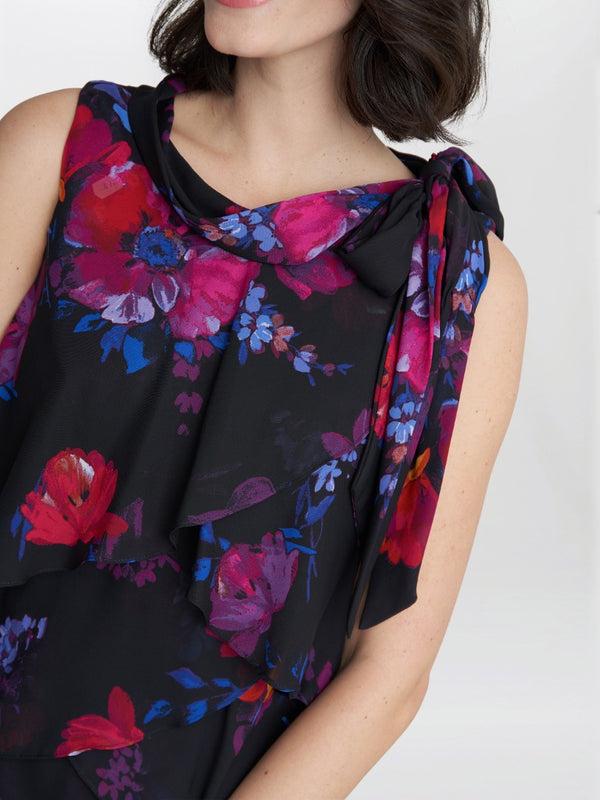 Gina Bacconi Neesha Sleeveless Printed Tiered Dress With Tie Neck