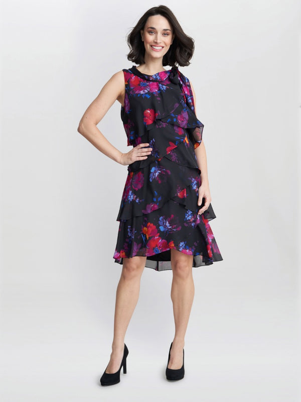 Gina Bacconi Neesha Sleeveless Printed Tiered Dress With Tie Neck