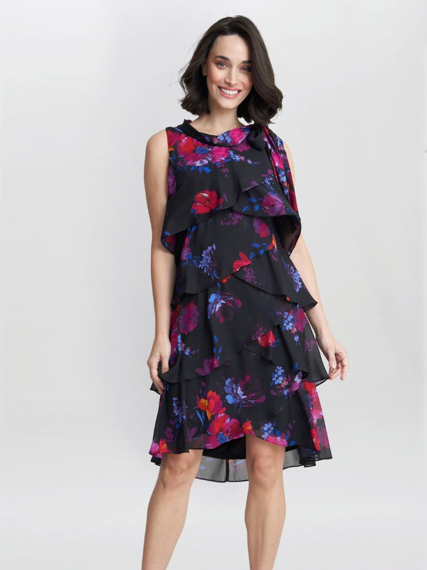 gina bacconi Neesha sleeveless printed tiered dress with tie neck
