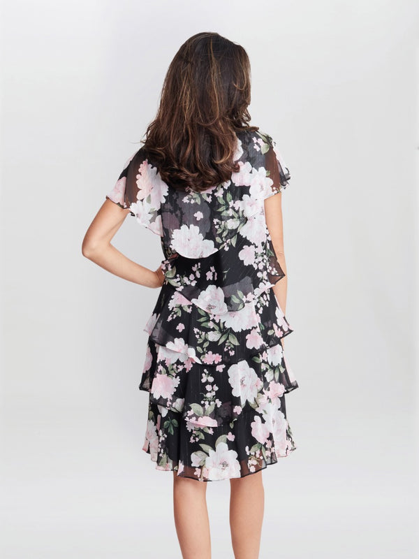 Gina Bacconi Nicola V Neck Printed Tiered Dress With Embellished Neckline