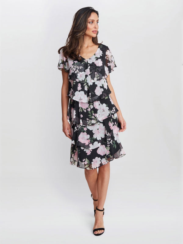 Gina Bacconi Nicola V Neck Printed Tiered Dress With Embellished Neckline