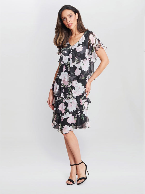 gina bacconi Nicola v neck printed tiered dress with embellished neckline