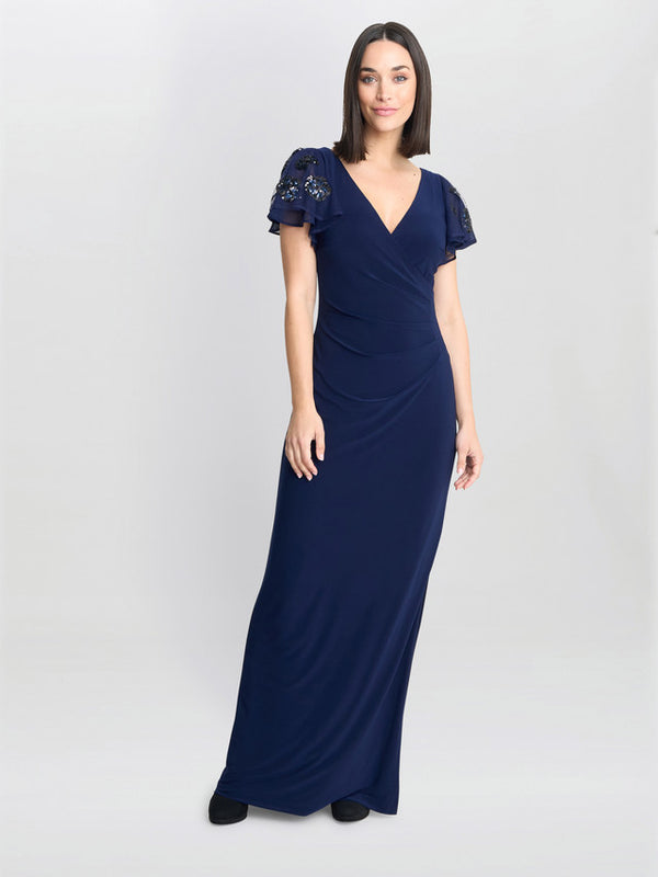 Gina Bacconi Nicolette Jersey V-neck Maxi Dress With Sequin Sleeve