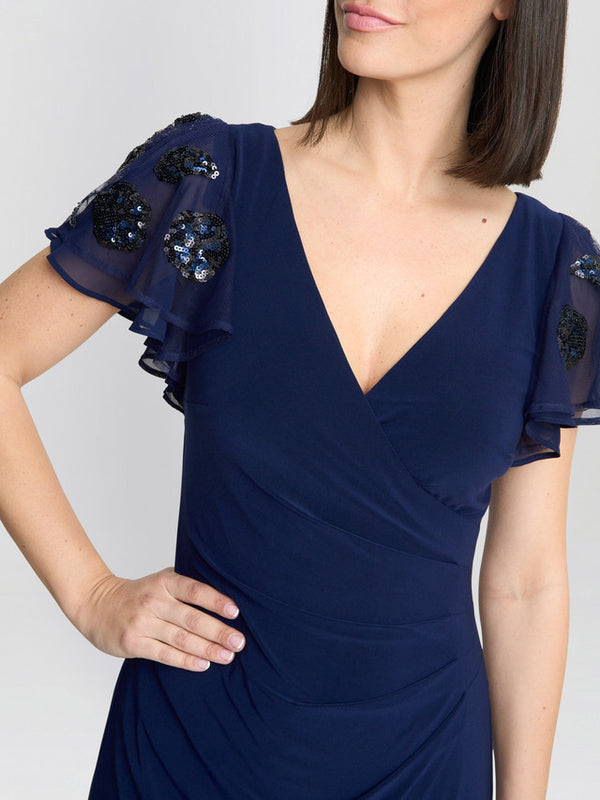 Gina Bacconi Nicolette Jersey V-neck Maxi Dress With Sequin Sleeve