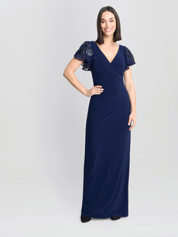 gina bacconi Nicolette jersey v-neck maxi dress with sequin sleeve