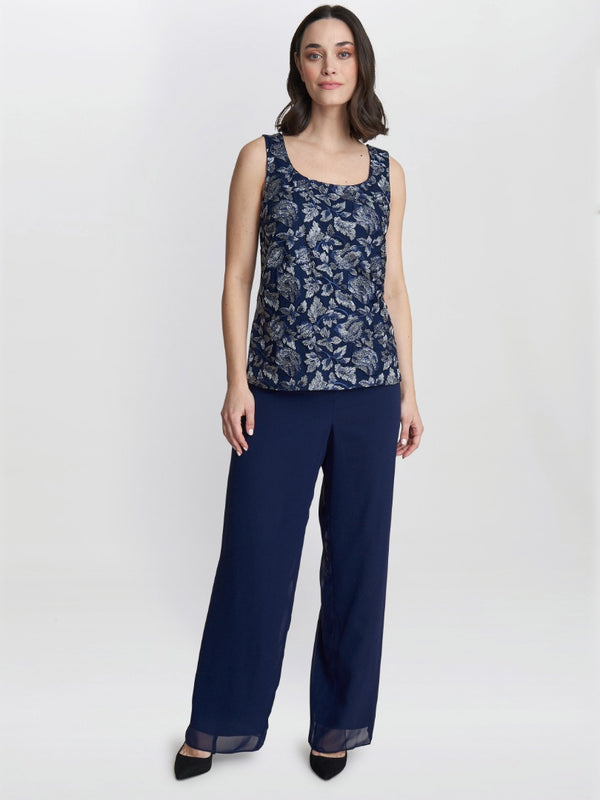 Gina Bacconi Nikki 3 Piece Trouser Suit With Embroidered Tank Top And Elongated Jacket
