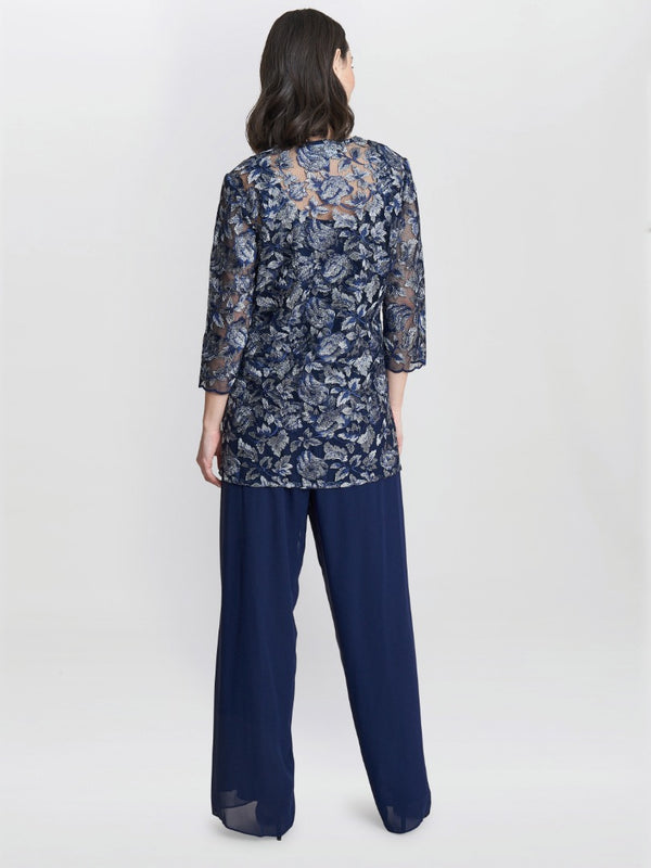 Gina Bacconi Nikki 3 Piece Trouser Suit With Embroidered Tank Top And Elongated Jacket