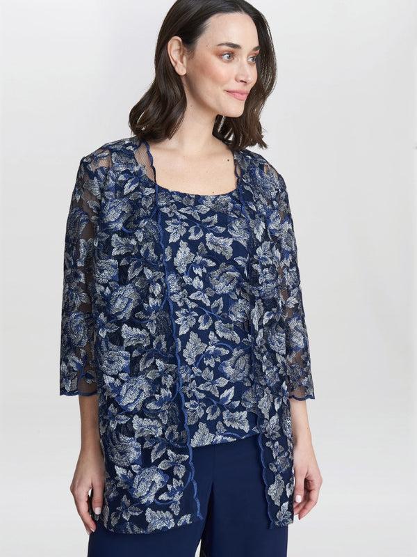 Gina Bacconi Nikki 3 Piece Trouser Suit With Embroidered Tank Top And Elongated Jacket