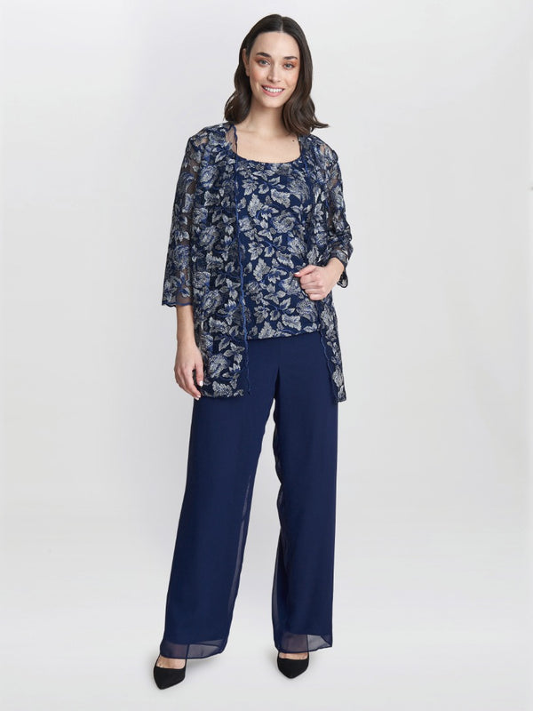 gina bacconi Nikki 3 piece trouser suit with embroidered tank top and elongated jacket