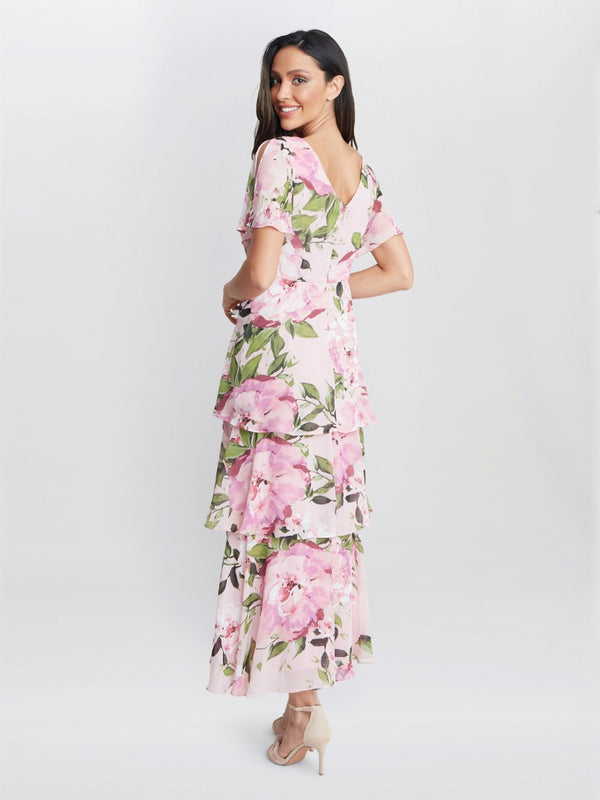 Gina Bacconi Olivia Printed Cowl Neck Maxi Tiered Dress With Shoulder Embellishment