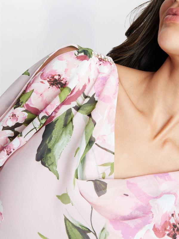 Gina Bacconi Olivia Printed Cowl Neck Maxi Tiered Dress With Shoulder Embellishment